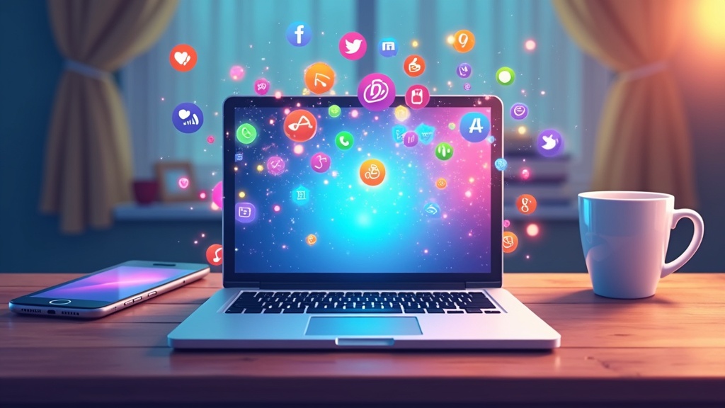 Ultimate Guide To Senior Social Media Engagement Best Practices
A colorful, stylized digital illustration of a laptop, smartphone, and tablet surrounded by social media icons and soft glowing light, placed on a wooden table with a cozy mug nearby.