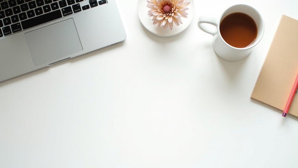 Collage of a laptop, coffee cup, notepad, and branding materials on a simple desk